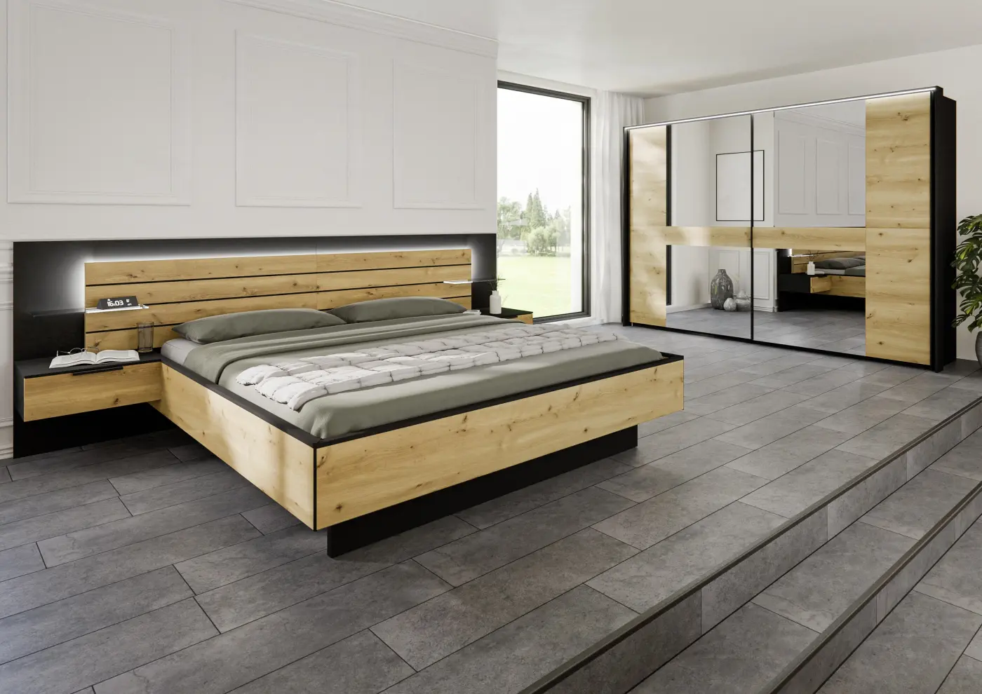 Schwebetürenschrank AG800 Asteiche / Kristallglasspiegel / schwarz -  VENTURA